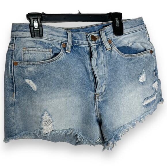 Blank NYC High Rise Jean Shorts Size 26 Blue Denim Button Fly Distressed Raw Hem - Picture 2 of 6